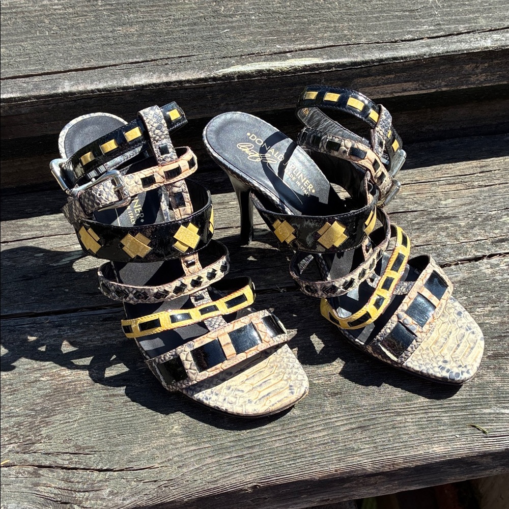 Donald J. Pliner Black and Yellow Strappy Snakeskin-Texture Heels